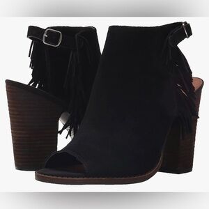 NEW Lucky Brand Suede Fringe Boho Open Toe Stacked Block Heel Sandal Shoe